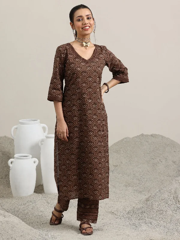 Women's Jumpsuits with Mid WaistBrown Printed Cotton Straight Kurta With Trousers