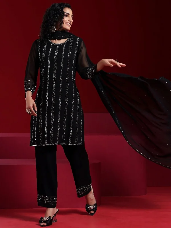 Women's Jumpsuits with High CollarLibas Art Black Striped Georgette Straight Suit With Dupatta