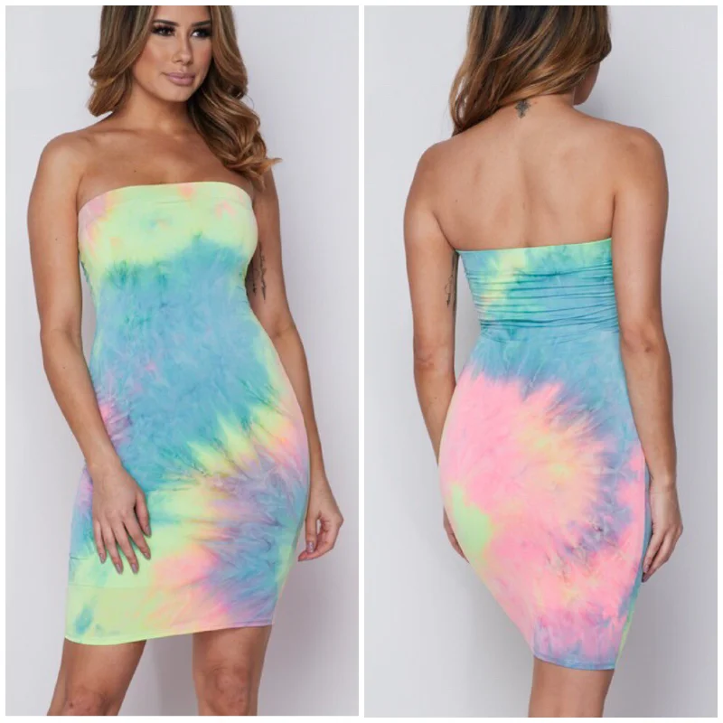 Women's Strapless DressesSorbet Neon Tie Dye Tube Strapless Bodycon Stretch Dress