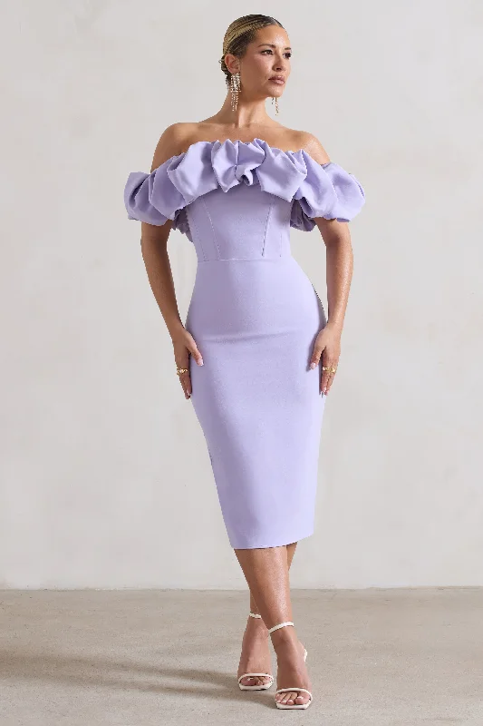 Women's V-Back DressesAmie | Lilac Structured Ruffle Bardot Midi Dress