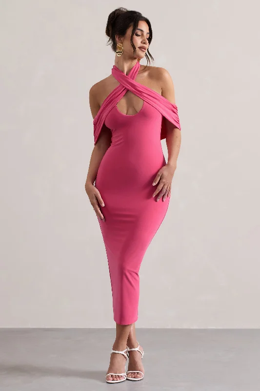 Women's Empire Waist DressesConnect | Pink Bodycon Halter-Neck Midi Dress With Cut-Out