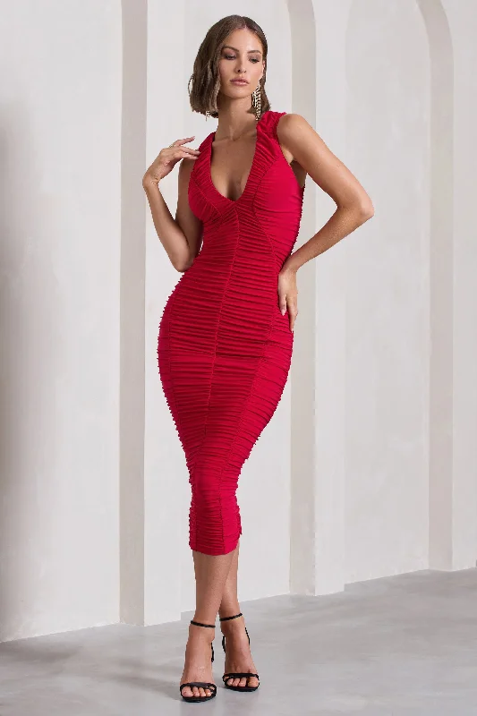 Women's Sweetheart Collar DressesTempting Fate | Red Ruched Bodycon V-Neck Midi Dress