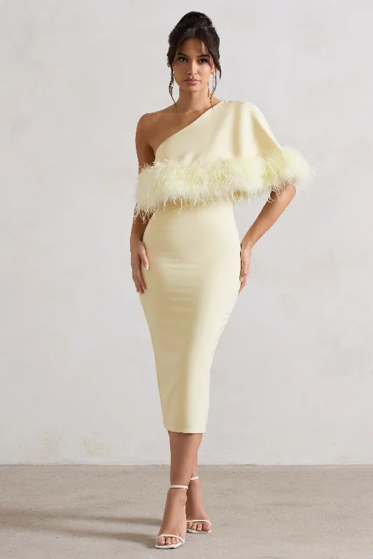 Women's Strapless DressesVictory | Lemon One Shoulder Midi Dress With Feather Trim