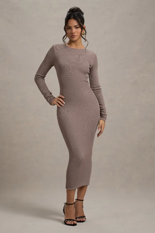 Women's Off-Shoulder DressesMadden | Taupe Rib Knit Cowl-Back Midi Dress