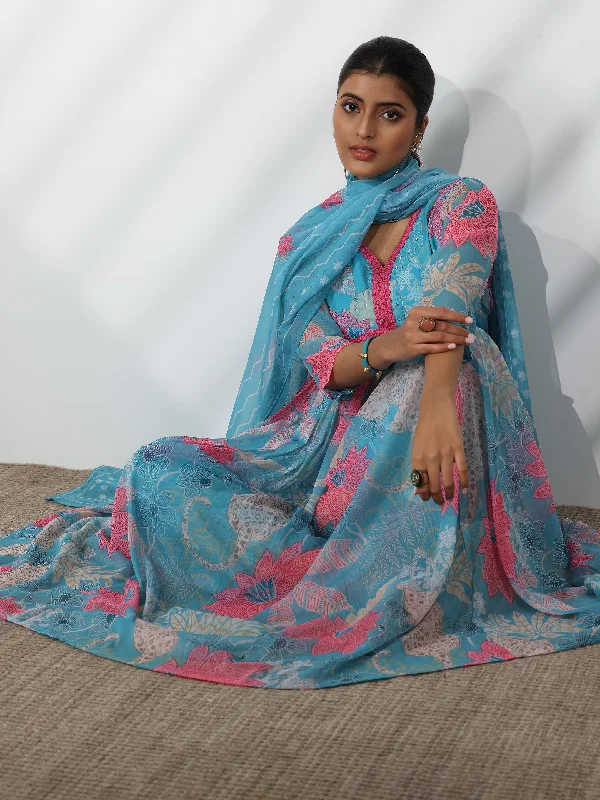 Women's Jumpsuits with Square NeckBlue Printed Poly Chiffon A-Line Kurta With Palazzos & Dupatta