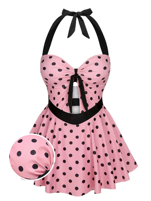 Pink 1950s Halter Polka Dots One-Piece Swimsuit