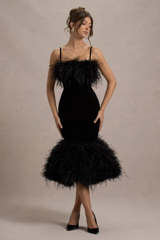 Women's Sweetheart-Back DressesKalena | Black Velvet Feather Trim Midi Dress