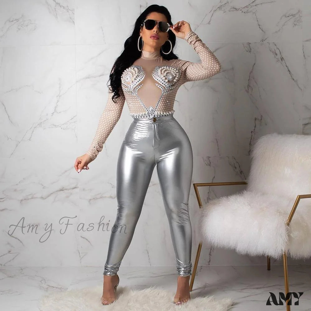 Women's Jodhpurs with Shawl CollarAmy Fashion - Latex Faux Pu Leather Pants Trousers