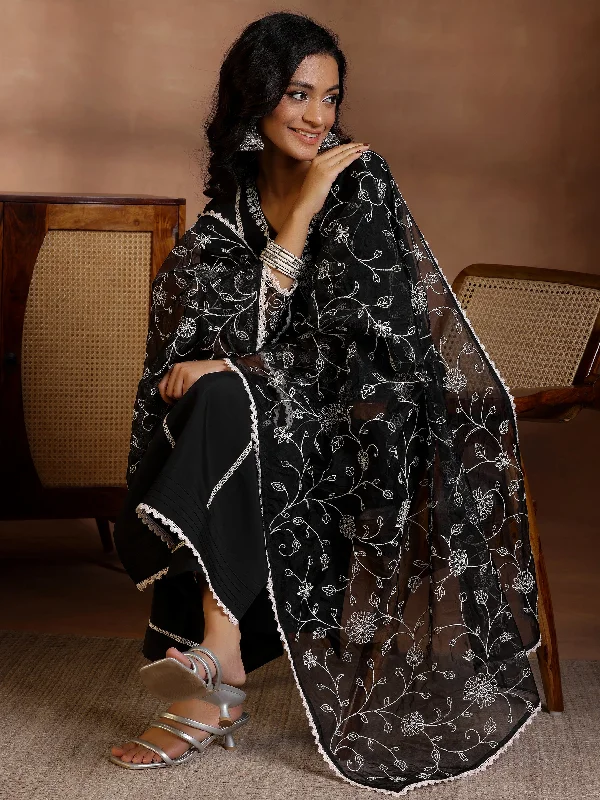 Women's Jumpsuits with High CollarBlack Yoke Design Silk Blend Straight Suit With Dupatta