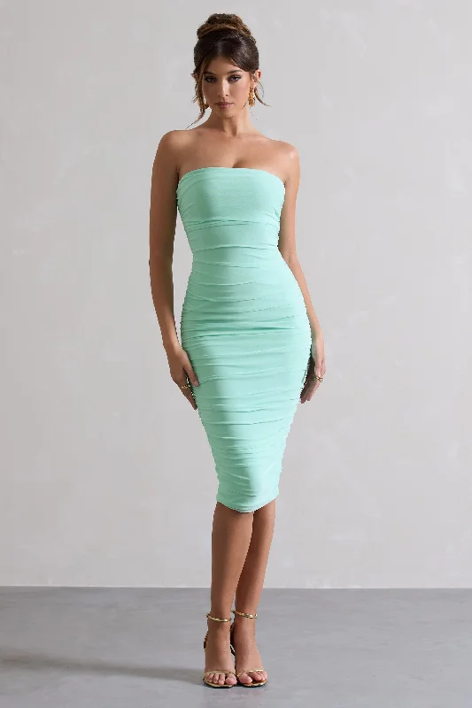 Women's Narrow Collar DressesMy Girl | Iced Green Strapless Bodycon Ruched Mesh Midi Dress