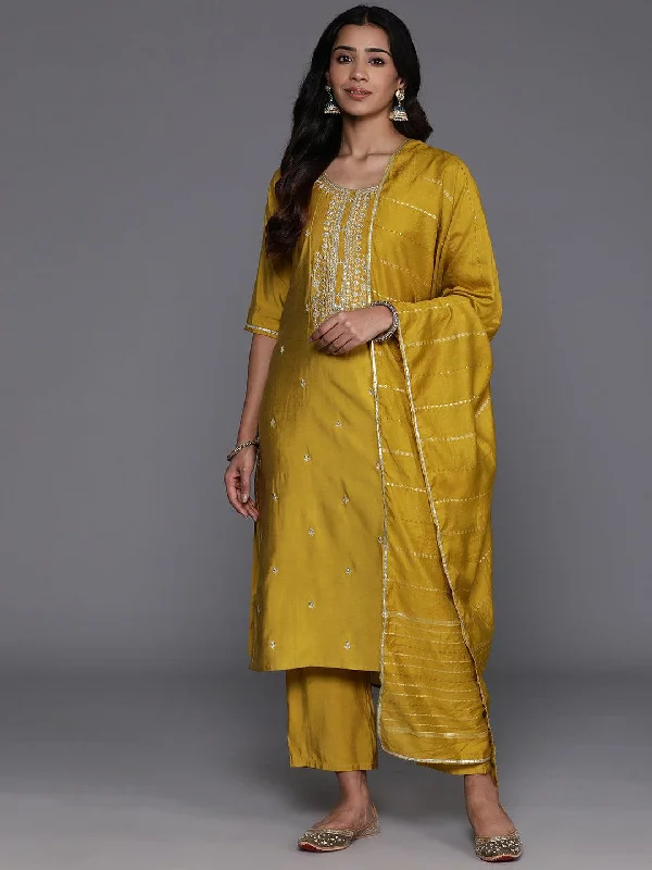 Women's Jumpsuits with Narrow CollarMustard Yoke Design Silk Blend Straight Suit With Dupatta