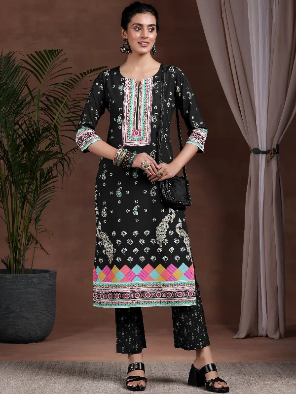 Women's Jumpsuits with ButtonsBlack Printed Poly Crepe Straight Kurta Set