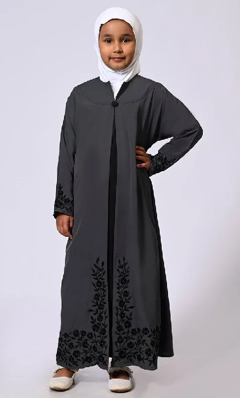 Women's Hooded Sweatshirts with Cozy FabricElegant Ensemble: Girls' Grey Double Layered Embroidered Abaya with Belt