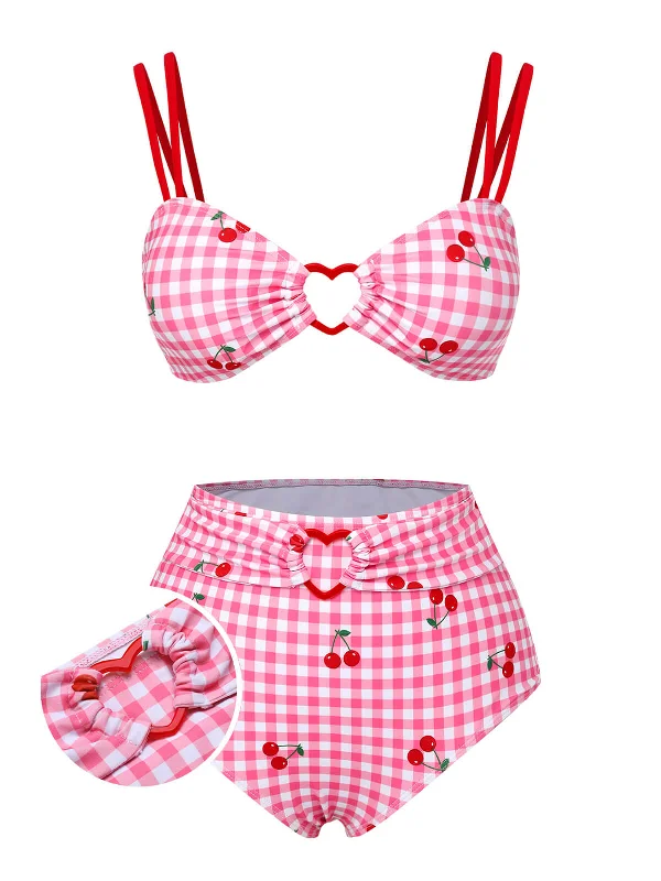 Pink 1950s Plaid & Cherry Strap Swimsuit