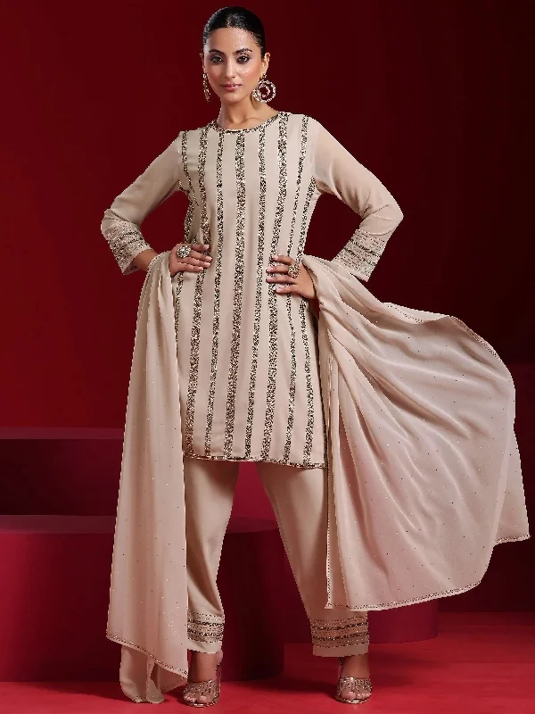 Women's Jumpsuits with Keyhole CollarLibas Art Taupe Striped Georgette Straight Suit With Dupatta