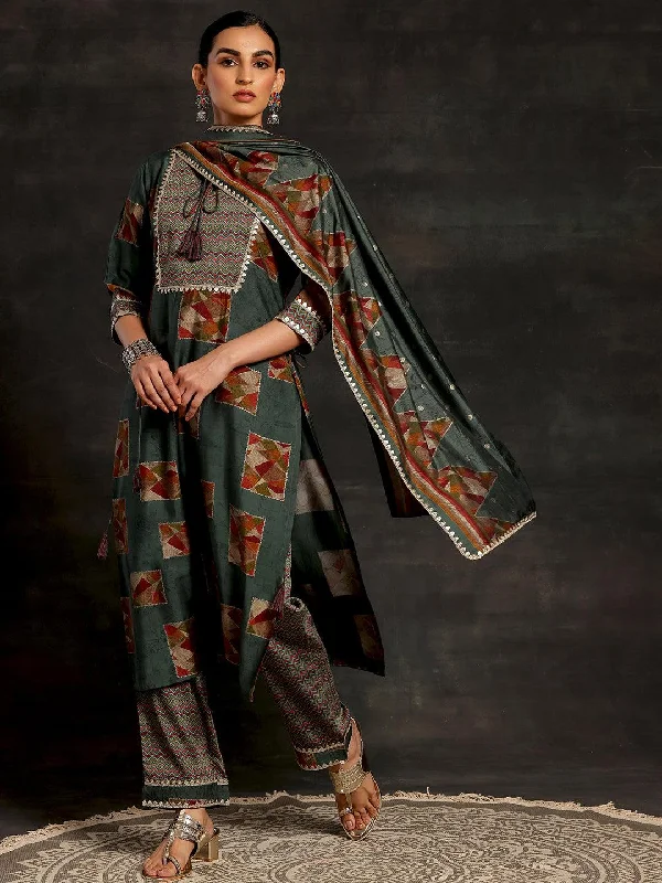 Women's Jumpsuits with Sweetheart NeckGreen Printed Silk Blend Straight Suit With Dupatta