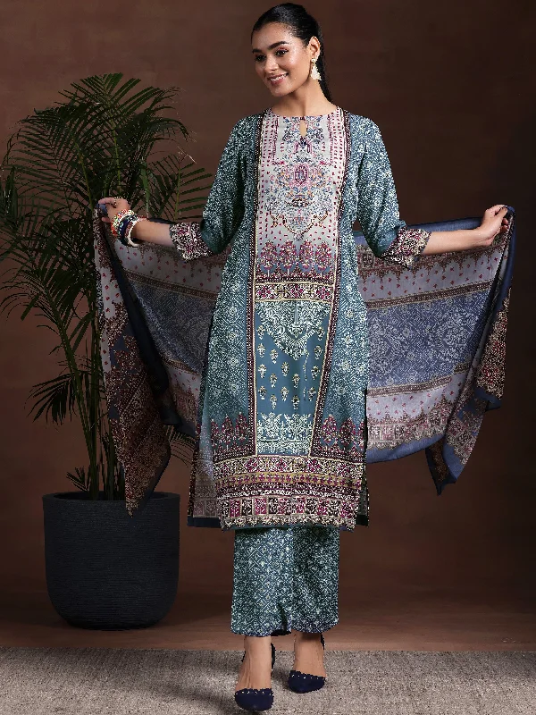 Women's Jumpsuits with Mandarin CollarGrey Printed Poly Crepe Straight Suit With Dupatta