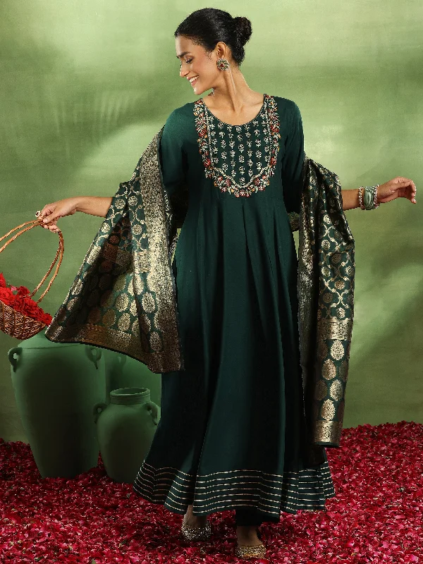 Women's Jumpsuits with Flared LegGreen Yoke Design Rayon Anarkali Suit With Dupatta