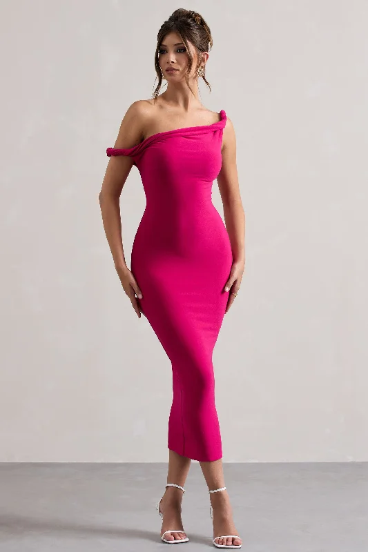 Women's Bell-Sleeve DressesSalome | Dark Pink Twisted Asymmetric Midi Dress