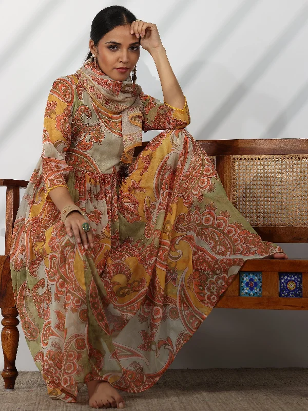 Women's Jumpsuits with Peter Pan CollarMustard Printed Poly Chiffon A-Line Kurta With Palazzos & Dupatta