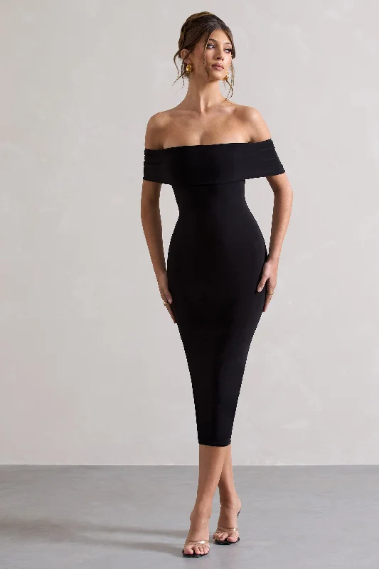 Women's Narrow-Neck DressesAverie | Black Bodycon Bardot Midi Dress