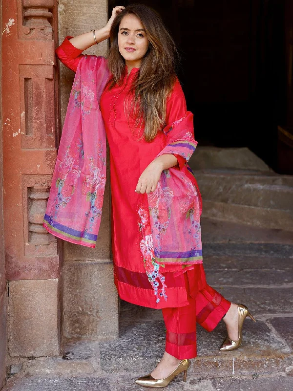 Women's Jumpsuits with Boat CollarRed Self Design Silk Blend Straight Suit With Dupatta