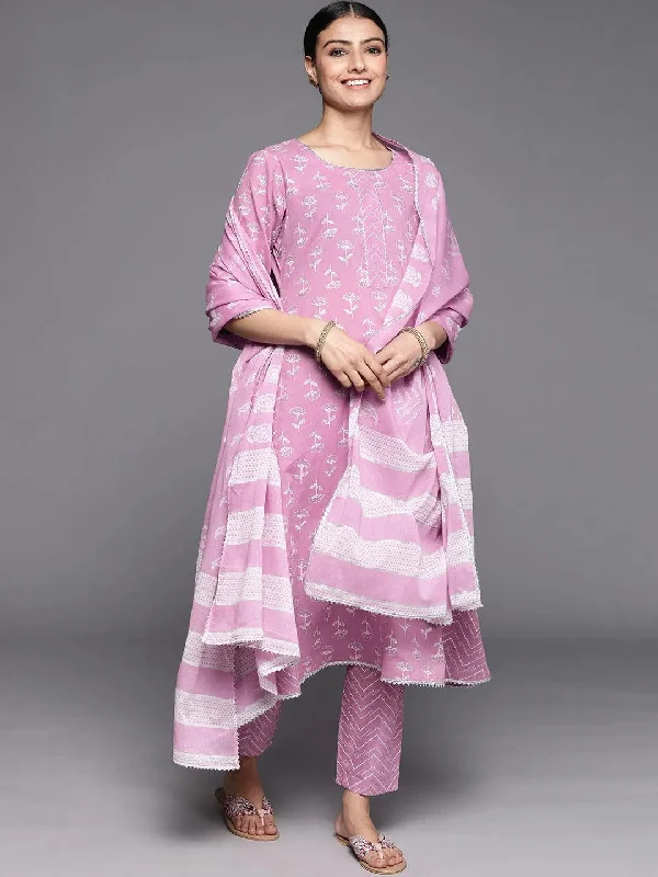 Women's Jumpsuits with BeltLavender Printed Cotton A-Line Kurta With Dupatta