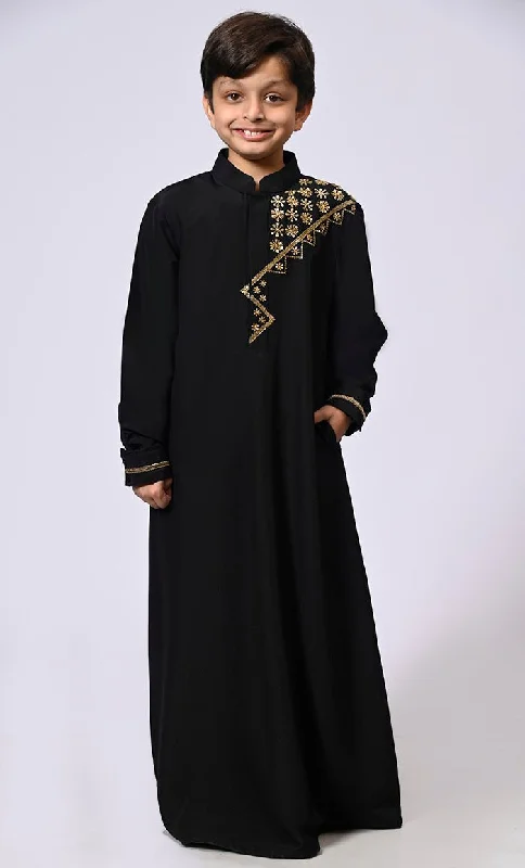 Women's Hooded Sweatshirts with DrawstringsHandcrafted Elegance: Traditional Boy's Black Thobe with Intricate Details