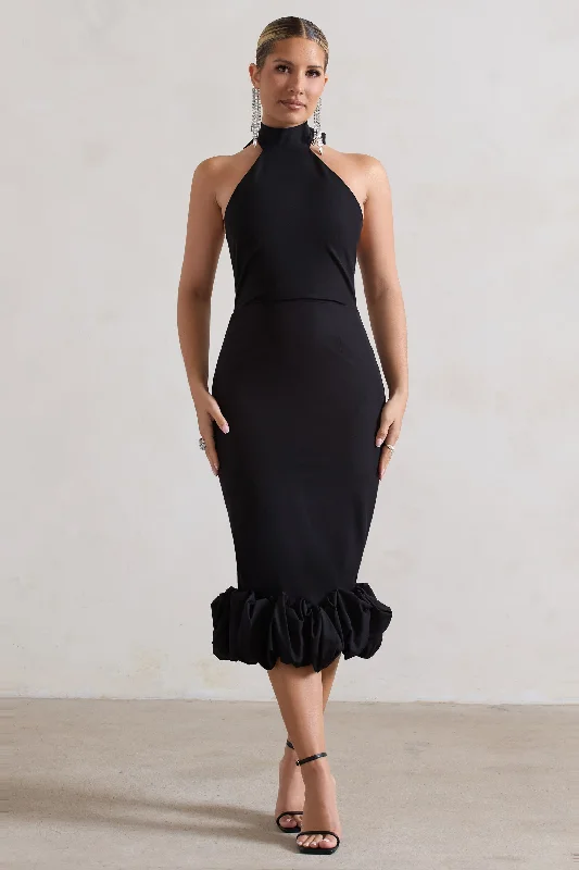 Women's Sweetheart-Back DressesAshton | Black High-Neck Midi Dress With Ruffle Hem