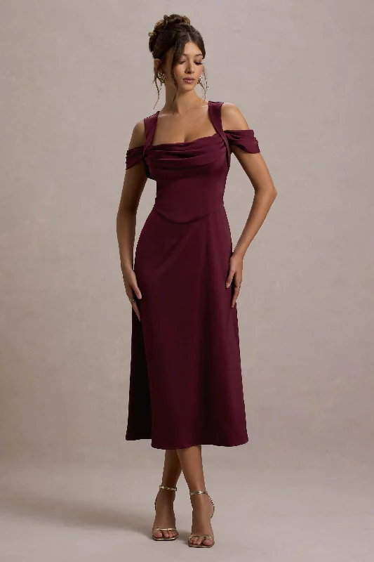 Women's Boat-Back DressesSawyer | Wine Satin Draped Midi Dress