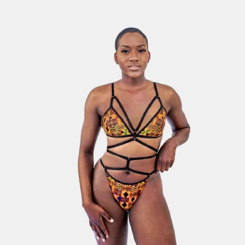 wireless bra with stretch fabricYoko Harness Kente Print Bralette