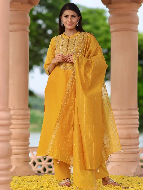 Women's Jumpsuits with Notched CollarLibas Art Mustard Yoke Design Chanderi Silk Straight Suit With Dupatta