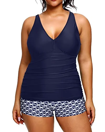 Two Piece Plus Size Tankini Swimwear Shorts Tummy Control Bathing Suits-Navy Blue Tribal