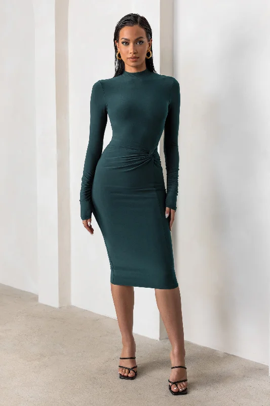 Women's Shawl Collar DressesEndless Shapes | Bottle Green High Neck Long Sleeves Midi Dress With Skirt Twist Detail