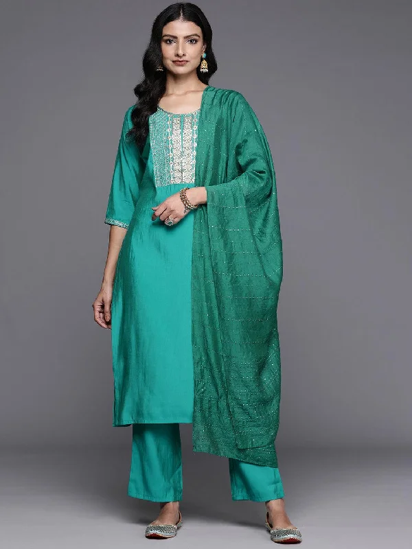 Women's Jumpsuits with Boat NeckGreen Yoke Design Silk Blend Straight Suit With Dupatta