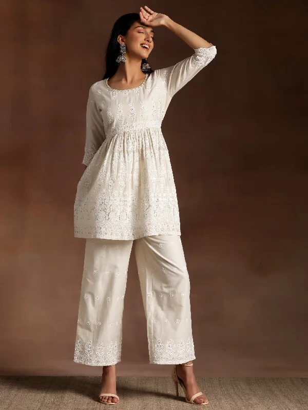 Women's Jumpsuits with V-Shaped CollarOff White Embroidered Cotton Co-Ords