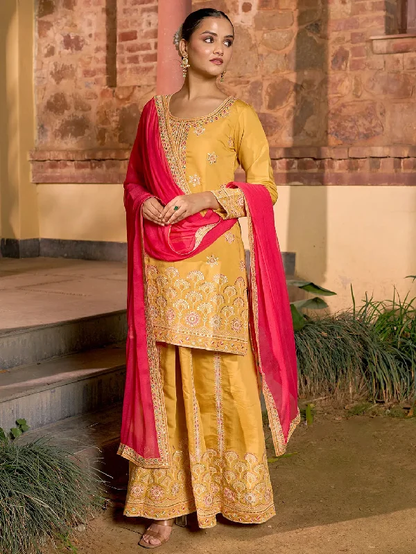 Women's Jumpsuits with Sweetheart NeckLibas Art Yellow Embroidered Silk Blend Straight Suit With Dupatta