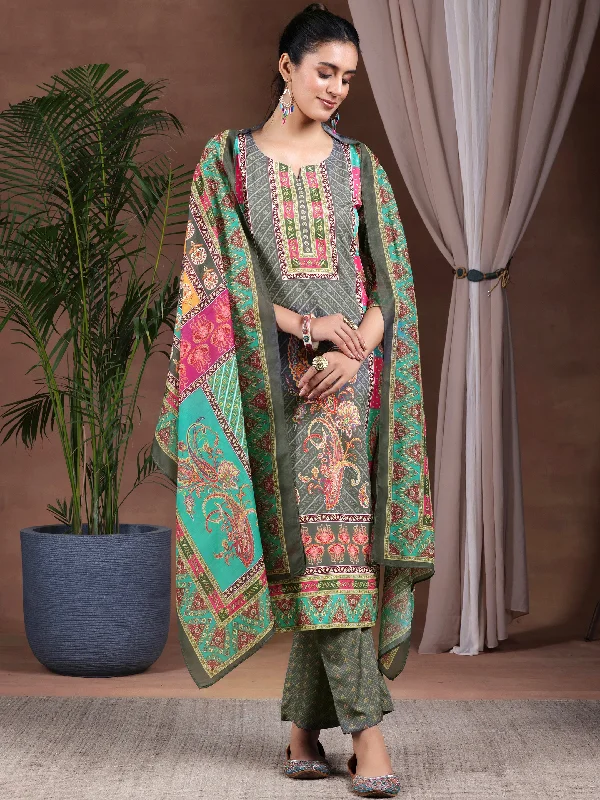 Women's Jumpsuits with Peter Pan CollarGrey Printed Poly Crepe Straight Suit With Dupatta