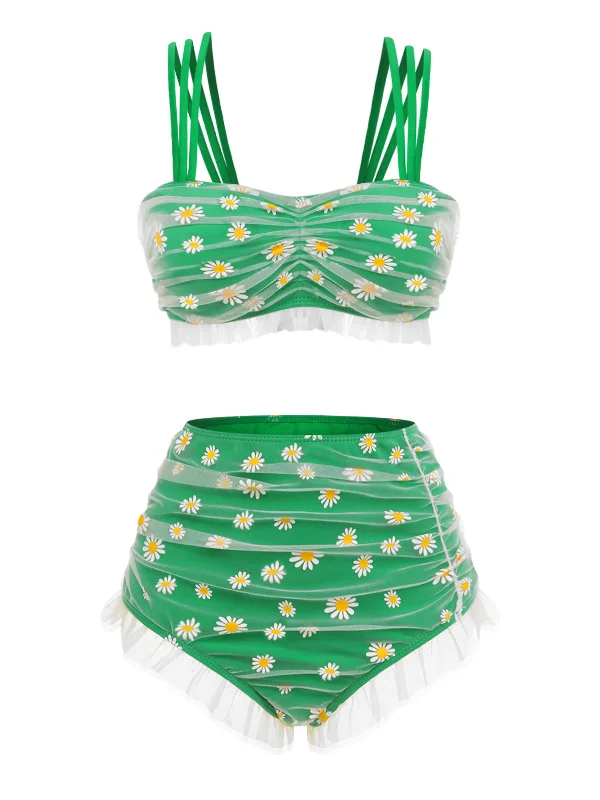 Green 1950s Summer Daisy Strap Swimsuit