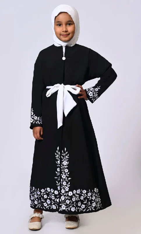 Women's Hooded Sweatshirts with Insulated FabricElegant Ensemble: Girls' Black Double Layered Embroidered Abaya with Belt