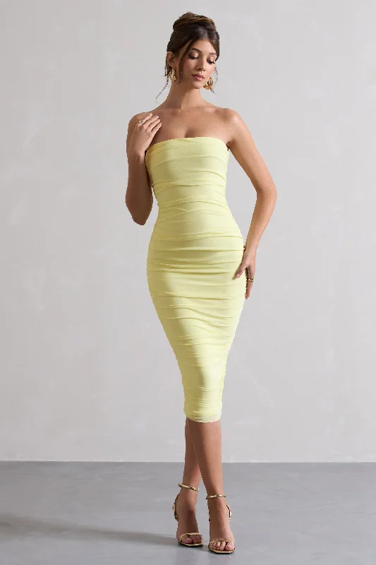 Women's V-Shaped Collar DressesMy Girl | Lemon Strapless Bodycon Ruched Mesh Midi Dress