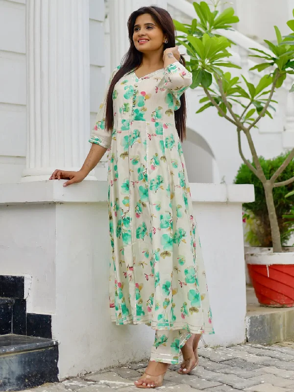 Women's Jumpsuits with Keyhole CollarOff white Printed Silk Blend Anarkali Kurta With Trousers