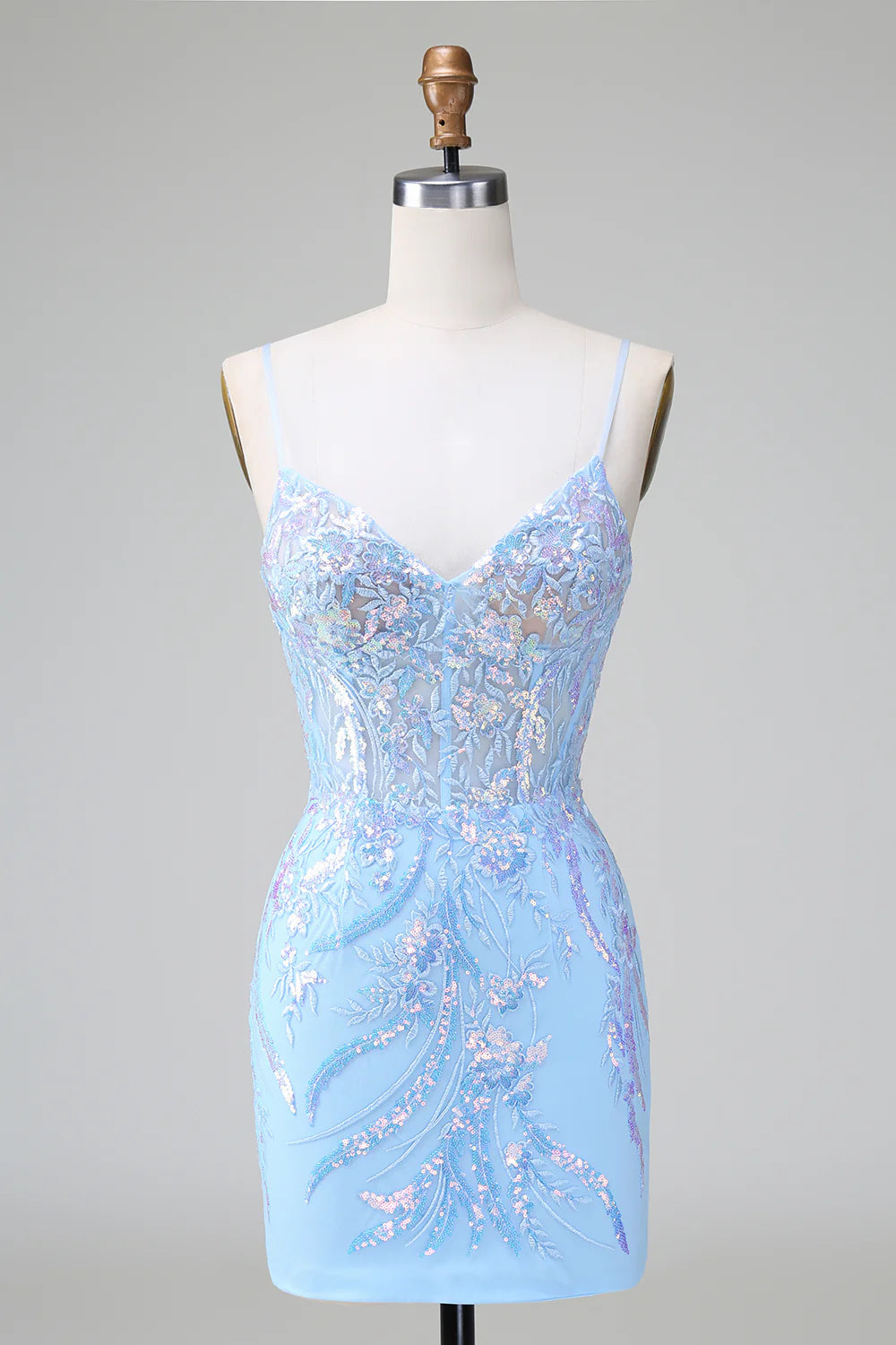 Women's Sweetheart-Back DressesAmzcw Sparkly Blue Bodycon Spaghetti Straps Corset Short Homecoming Dress with Sequins