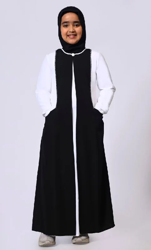 Women's Hooded Sweatshirts with Elastic WaistDouble Layered Girl's Black Abaya with Sequined Yoke and Front Pockets