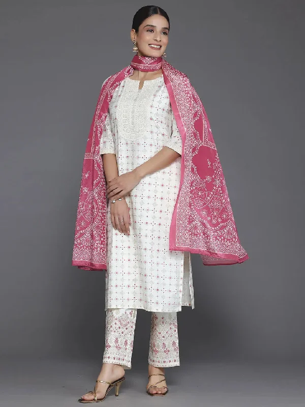 Women's Jumpsuits with Boat CollarOff White Printed Silk Blend Straight Suit With Dupatta