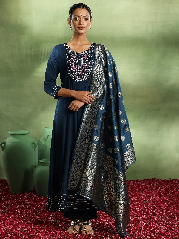 Women's Jumpsuits with Sweetheart CollarNavy Blue Yoke Design Rayon Anarkali Suit With Dupatta