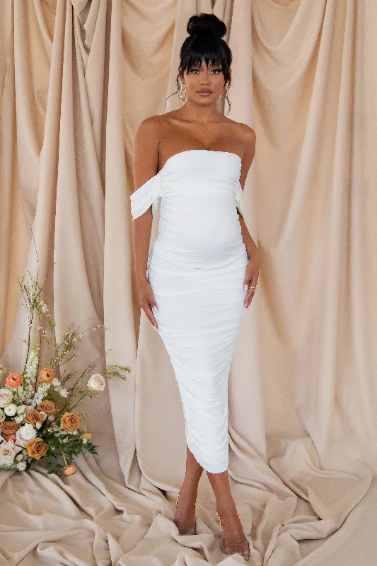 Women's Bodycon DressesPlus One | White Maternity Bardot Ruched Draped Midi Dress