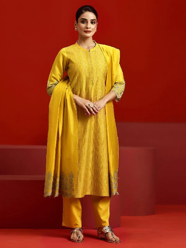 Women's Jumpsuits with CollarLibas Art Yellow Embroidered Chanderi Silk Straight Suit With Dupatta