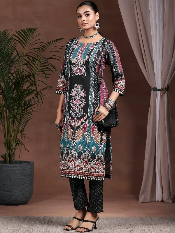 Women's OverallsBlack Printed Poly Crepe Straight Kurta Set