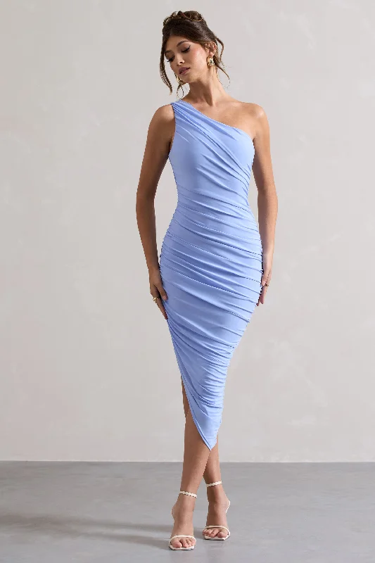 Women's Shift DressesDorit | Sky Blue One Shoulder Asymmetric Ruched Midi Dress